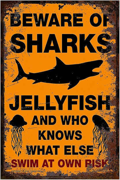 Funny Beware of Dog Sign Private Property No Trespassing Warning Signs, Beware of Sharks Jellyfish, Yard Sign Garage Farm Garden Wall Decor Sign Plaque Outdoor for Home Fence 8 X 12 Inches