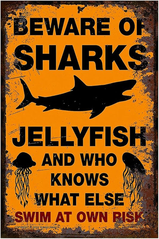 Funny Beware of Dog Sign Private Property No Trespassing Warning Signs, Beware of Sharks Jellyfish, Yard Sign Garage Farm Garden Wall Decor Sign Plaque Outdoor for Home Fence 8 X 12 Inches