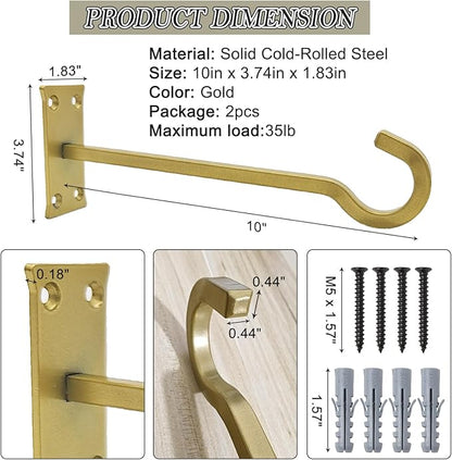 QIEGL 10inch Heavy Duty Plant Hangers Outdoor or Indoor Bird Feeder Hanger Shepherd Hooks 2pcs Gold Metal Wall Hook for Hanging Plant Bracket, Lantern, Flower Basket, Wind Chimes
