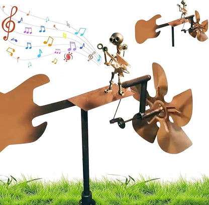 Handmade Metal Guitarist Windmill, Metal Art Musician Figurine Wind Mill, Percussionist and Musician Kinetic Spinners, for Garden, Yard, Lawn, Patio, Unique Art Gift for Music Lovers (Gold)