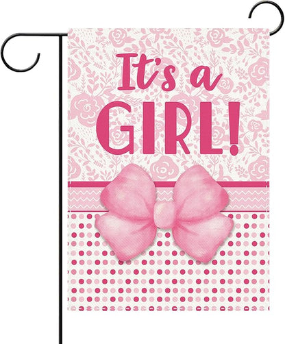 It's a Girl Pink Bow Baby Shower Decorative Garden Flag, Newborn Gender Reveal Small Yard Outside Decorations Gift for New Dad Mom, Coquette Baptism Party Outdoor Home Decor Double Sided 12x18