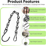 Upgraded 180”Heavy Duty Metal Hanging Chains with Hanging Basket Hooks Set for Planters,Birdcage,Birds Feeder,Grow Lights,Lanterns,Billboards,Wind Chime and Ornaments,Chain Hooks DIY,Black