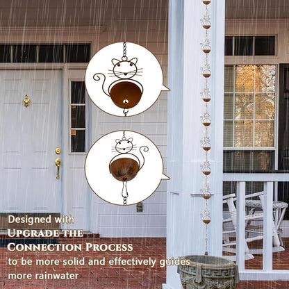 10.53ft Rain Chain for Outside, Rain Chain with 10 Cat Cups, Adjustable Rain Catcher Chain for Outside, Replacement Downspout for Gutters, Eaves, Drainage