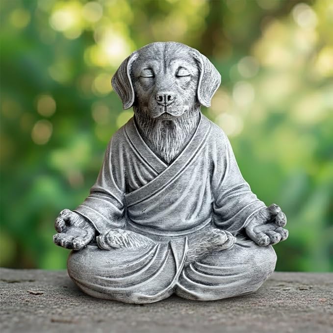 OLOMA Outdoor Indoor Meditating Dog Statue Thick Concrete Stone Sculpture with Protective Resin Coating Durable Heavy Lawn Patio Entryway Meditation Room Decorative Accent Display Piece
