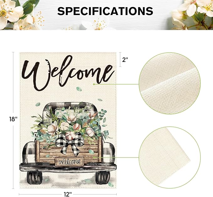 AVOIN colorlife Welcome Spring Truck Garden Flag 12x18 Inch Double Sided, Cotton Rustic Buffalo Plaid Yard Outdoor Flag