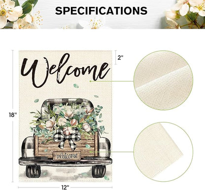 AVOIN colorlife Welcome Spring Truck Garden Flag 12x18 Inch Double Sided, Cotton Rustic Buffalo Plaid Yard Outdoor Flag