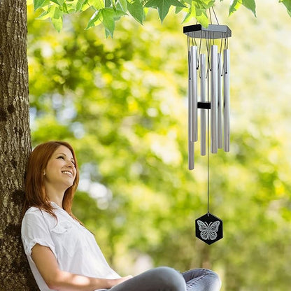 FONMY Wind Chimes Outdoor w/Butterfly Sign Memorial Windchimes Great Wind Chime Gifts Soothing Melodic Tones & Bamboo/Aluminum Chime for Garden Home or Yard-31 Length Silver Chimes Hanging Decor.