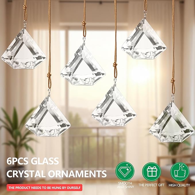 Set of 6 Crystal Glass Diamond Haingings Clear Glass Prisms Ornament Hanging Crystals Decoration for Party, Wedding, Valentines