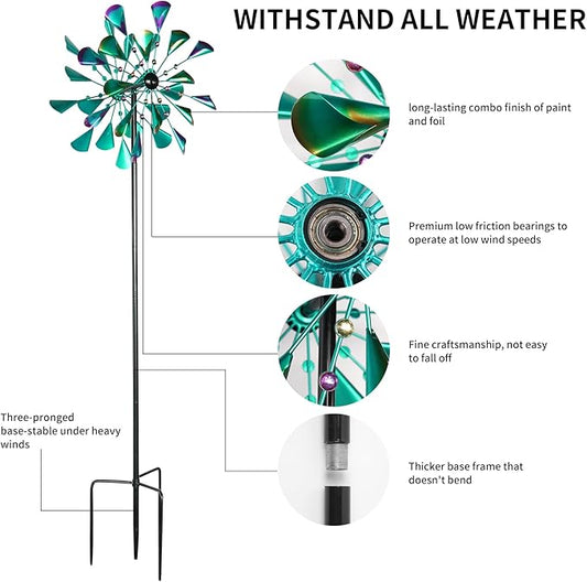 DECOROCA Kinetic Wind Spinners Outdoor - Large Metal Wind Sculptures & Spinners Yard Patio Lawn Garden Decorations, Windmill Outdoor with Stable Metal Stake(Turquoise)