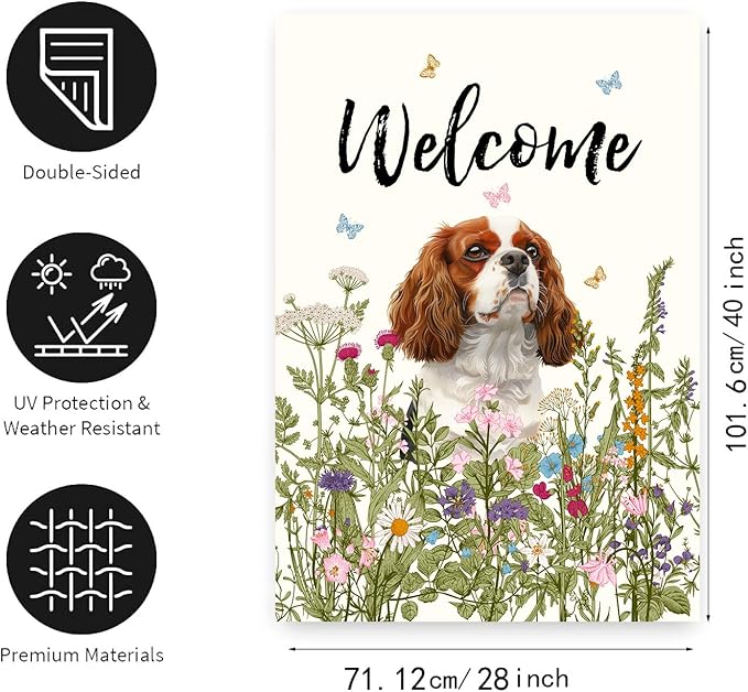 Floral Cavalier King Charles Spaniel Garden Flag Spring Summer House Flags 28 x 40 Double Sided Flower Dog Yard Flags for Outside Large Outdoor Welcome Flags