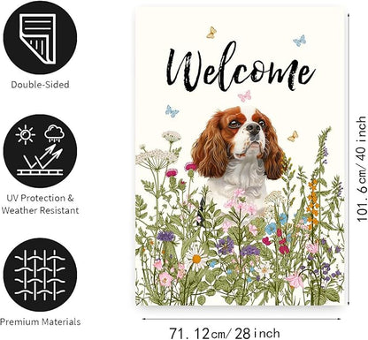 Floral Cavalier King Charles Spaniel Garden Flag Spring Summer House Flags 28 x 40 Double Sided Flower Dog Yard Flags for Outside Large Outdoor Welcome Flags