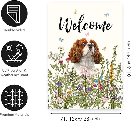 Floral Cavalier King Charles Spaniel Garden Flag Spring Summer House Flags 28 x 40 Double Sided Flower Dog Yard Flags for Outside Large Outdoor Welcome Flags