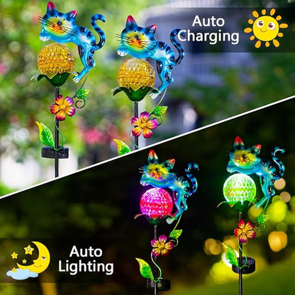 Solar Garden Lights, 2 Pack Cat Solar Lights Outdoor Waterproof Colorful Global Lanscape Lighting, Decorative Metal Yard Art for Pathway, Patio, Lawn