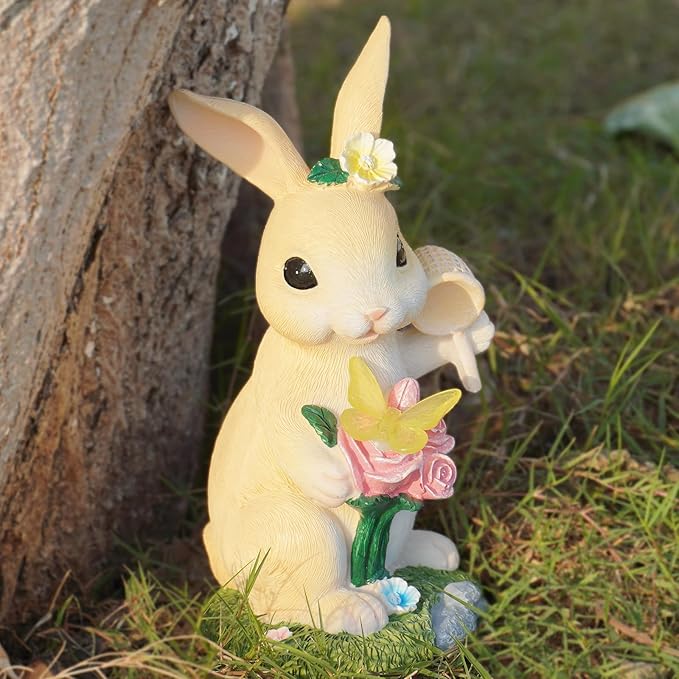 Garden Statues Rabbit with Solar Light,Bunny Outdoor Garden Decor Ornaments for Patio Yard Art,Birthday Easter House Warming Garden Gift for Women Mom,Resin Animal Figurine with Wider Base