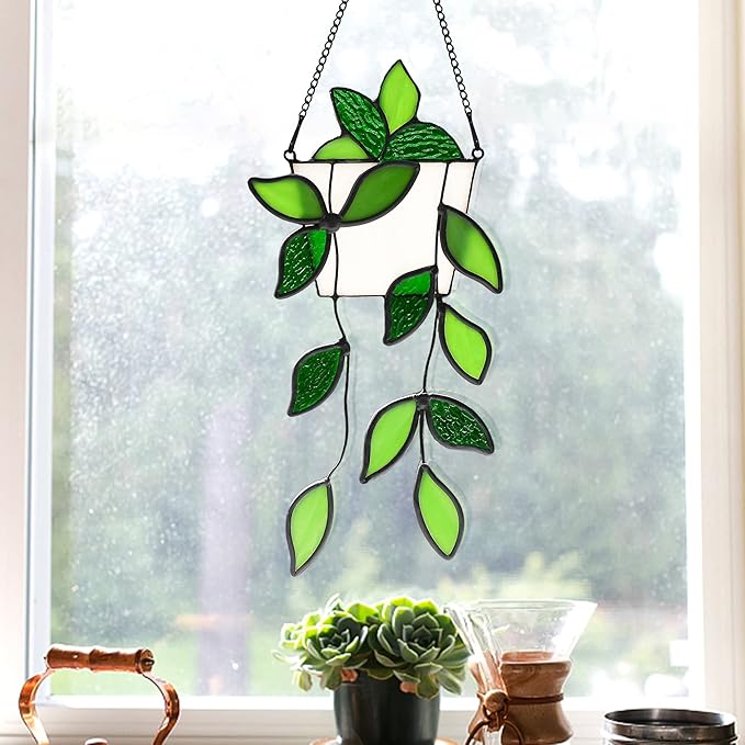 BOXCASA Stained Glass Window Hanging for Plant Lovers,Handmade Green Plants Artificial,Suncatcher Plant Gifts for Women,Grandma,Mother's Day,Christmas