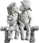 Girl and Boy Sitting on Bench Statues, Fisrt Kiss Sculpture Figurine Decoration for Yard Patio Porch Indoor Outdoor Lawn Bookshelf, 8 1/4" L x 4 3/4" W x 9" H