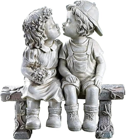 Girl and Boy Sitting on Bench Statues, Fisrt Kiss Sculpture Figurine Decoration for Yard Patio Porch Indoor Outdoor Lawn Bookshelf, 8 1/4" L x 4 3/4" W x 9" H