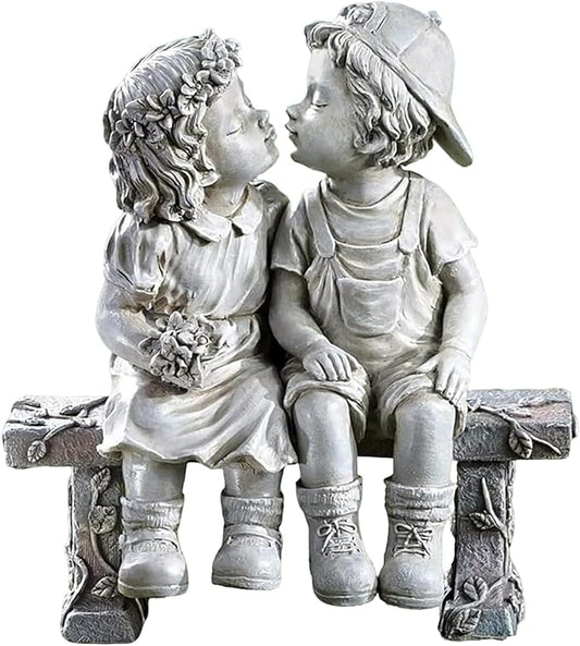Girl and Boy Sitting on Bench Statues, Fisrt Kiss Sculpture Figurine Decoration for Yard Patio Porch Indoor Outdoor Lawn Bookshelf, 8 1/4" L x 4 3/4" W x 9" H
