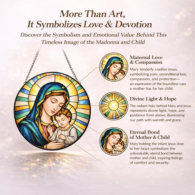 Virgin Mary and Child Suncatcher Window Hanging, 7.8" Stained Glass for Mom, Grandma and Friends, Faith Decor for Window, Prayer Room, Sunroom and Office