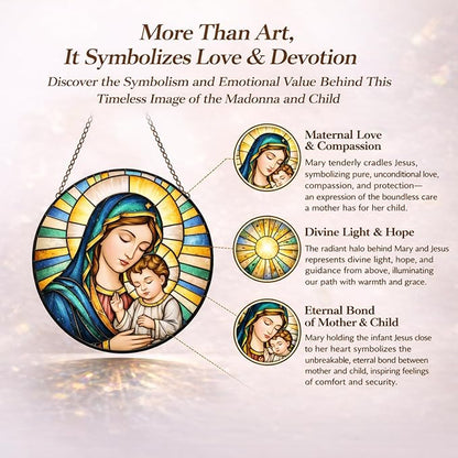 Virgin Mary and Child Suncatcher Window Hanging, 7.8" Stained Glass for Mom, Grandma and Friends, Faith Decor for Window, Prayer Room, Sunroom and Office