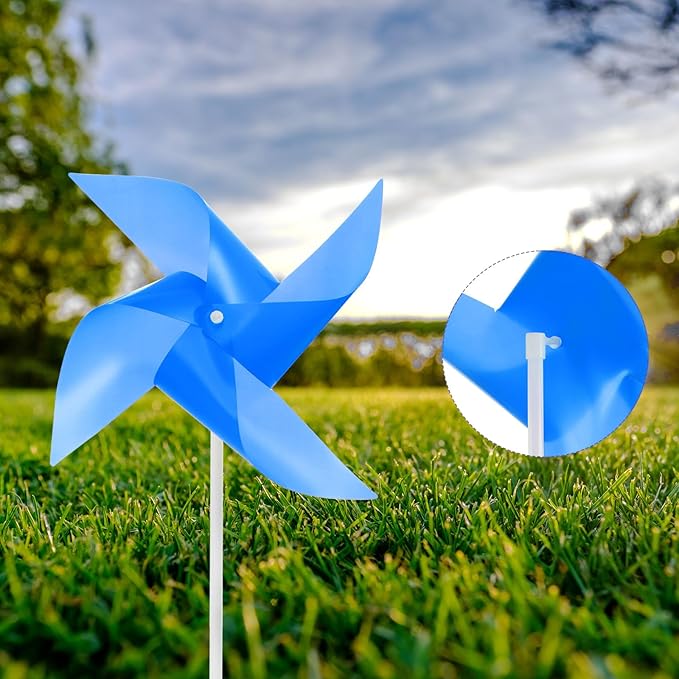 HARFINGTON 50pcs Windmills for The Yard Garden 15" x 7.5" 4 Leaves Pinwheels Wind Mills Spinners Windproof Waterproof Bird Devices with Stakes for Patio Decor, Dark Blue