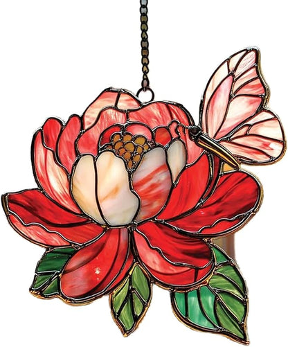 Peony Flower Hanging Suncatcher Faux Stained Hummingbirds and Flowers for Women Elegant Home Wall Decor Sun Catchers Indoor Windown Suncatchers Windows Garden