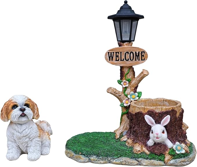 Virubi Sitting Dog Solar Lantern Planter Statue, Solar-Powered LED Lantern & Flower Pot, Weather Resistant Outdoor Decor for Patio Yard Garden Porch Path