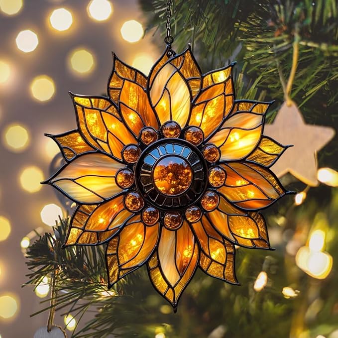 Sunflower Faux Mosaic Acrylic Suncatcher Stained Glass Effect Window Car Hanging Christmas Ornament Indoor Outdoor Decor Garden Sun Catcher Panel for Sunflower Lover for Women Mom Grandma