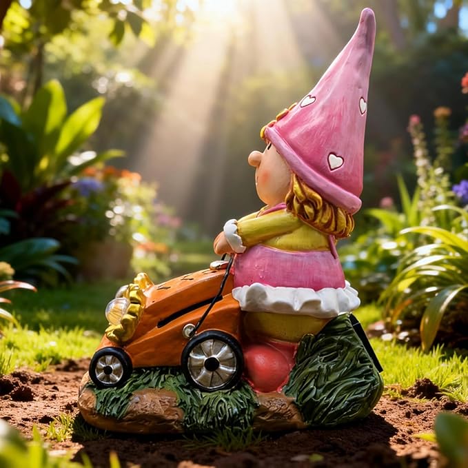 Solar Gnomes Decorations for Fairy Garden Accessories, Fairies Gnome Riding Lawn Mower Figurines for Proch Yard Lawn Outdoor Decor, Mother's Day Unique Gifts for Women