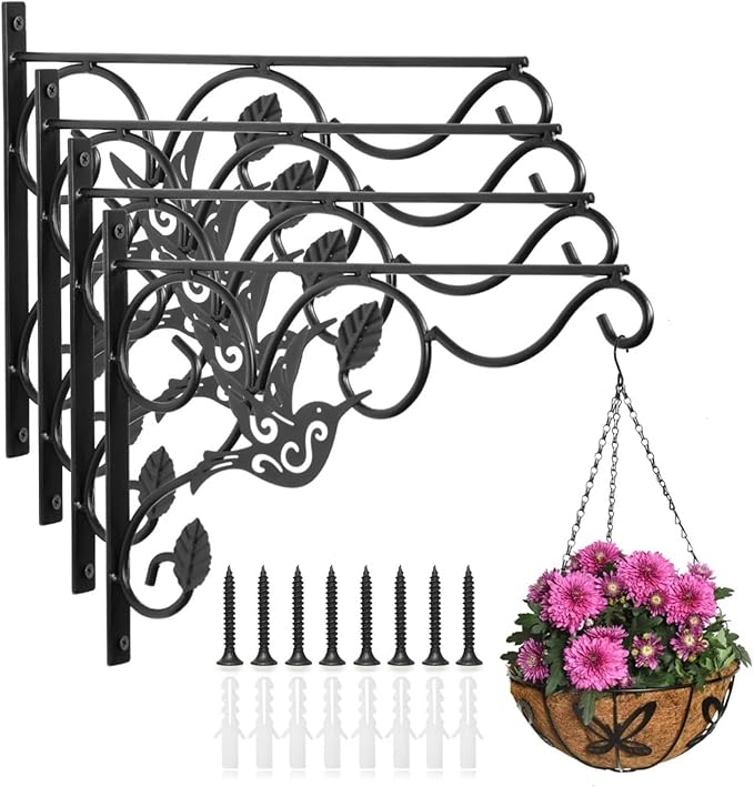 Vumdua Hanging Plants Bracket, 4 Pack 12 inch Wall Planter Hook with Iron Screws Included, Decorative Plant Hanger for Bird Feeders, Wind Chimes Indoor, Lantern, Flower Pot,Outdoor Indoor Patio Decor