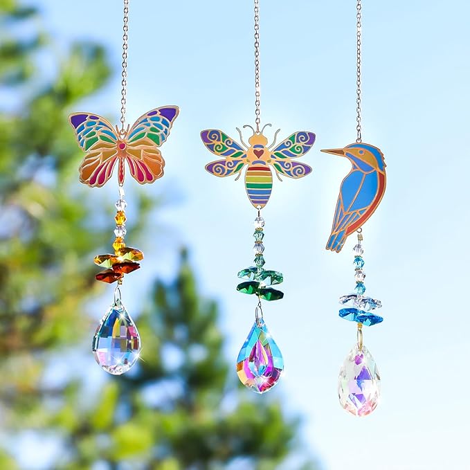 Crystal Sun Catcher, Butterfly Bird Bee Glass Window Hanging Ornament,Crystal Prism Suncatcher Outdoor Indoor Home Garden Party Decoration