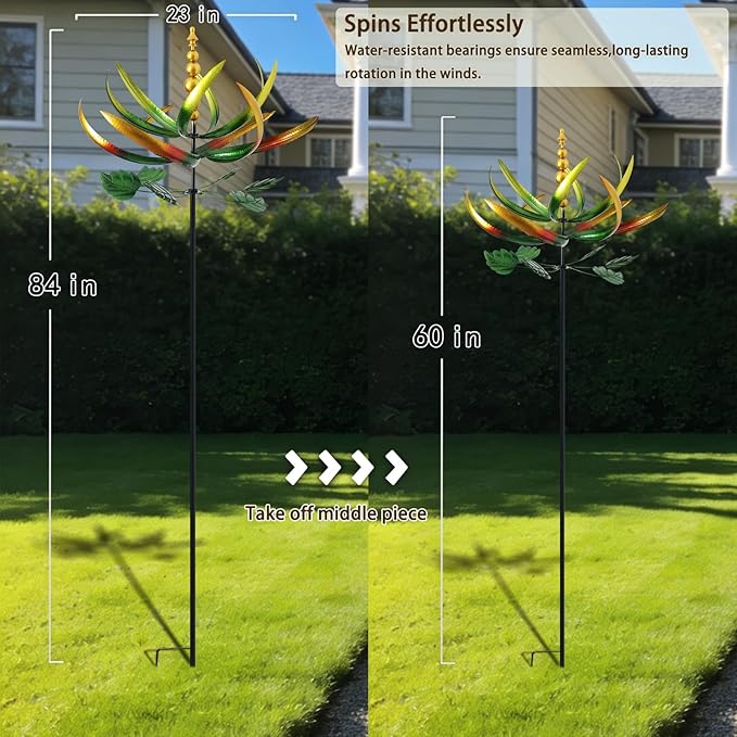 Wind Spinners for Yard and Garden, Wind Spinners Outdoor Large Metal, 80 inch Kinetic Wind Sculptures, Yard Decorations Outdoor (Yellow Green)