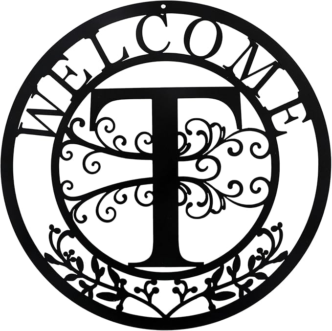 Metal Monogrammed Initial Welcome Sign, Metal Letter Wall Art Decor, Name Sign for Home Porch Front Door Outdoor (T)