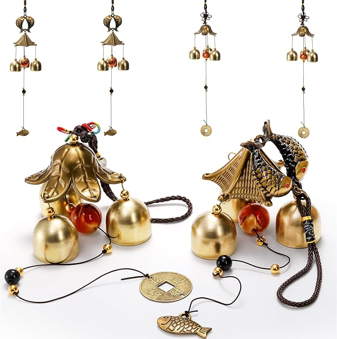 Eorbow 4 Pack Lucky Wind Chimes, Chinese Wind Bell, 3-Bell Vintage Blessing Hanging Wind Chime with Fish Coin for Safe, Good Luck, Wealth Home Garden Patio Hanging Decoration Gift