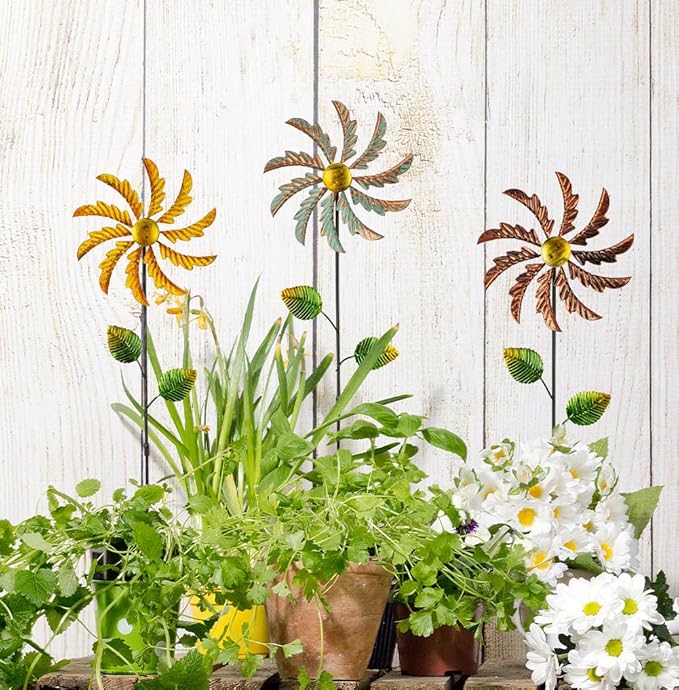 Stargarden 3Pcs Metal Wind Spinners, Garden Pinwheels for Yard, Small Windmills Decorative Garden Stakes for Yard Lawn Patio Outdoor