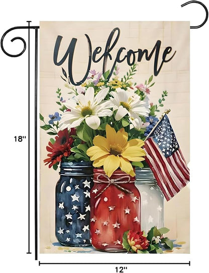 4th of July Mason Jar Flowers Summer Garden Flag 12x18, Patriotic Celebration Double-Sided Decorative Burlap Yard Flag for Memorial Day Independence Day Outside Decoration Holiday Festivities