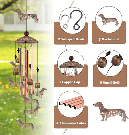 Dachshund Wind Chimes for Outside, Metal Wiener Dog Gifts for Women/Men, Doxie Mom Birthday Memorial Windchimes Outdoors, Funny Dog Lover Garden Decor for Patio Yard, Durable Pet Loss Sympathy Gift