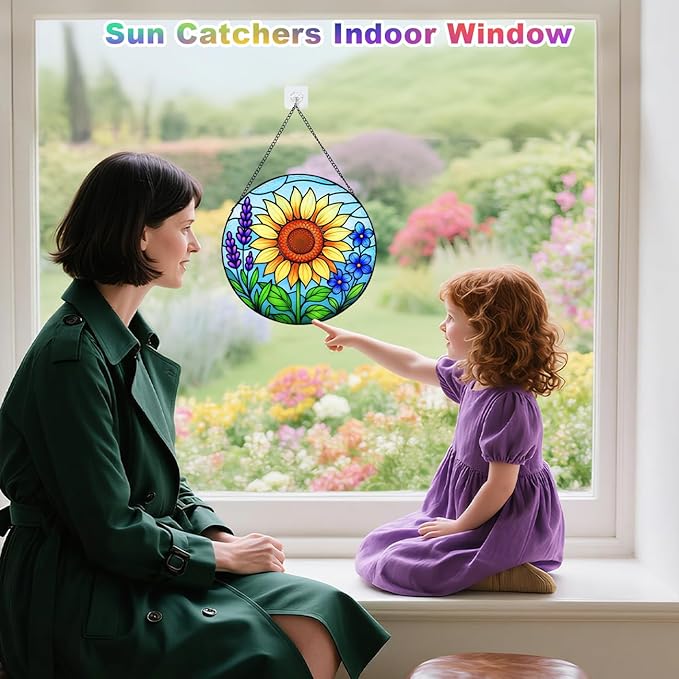 Sunflower Stained Glass Window Hanging – Round Sunflower Suncatcher for Window, Garden or Home Decor – Bright Floral Glass Panel Ornament (12 Inch)