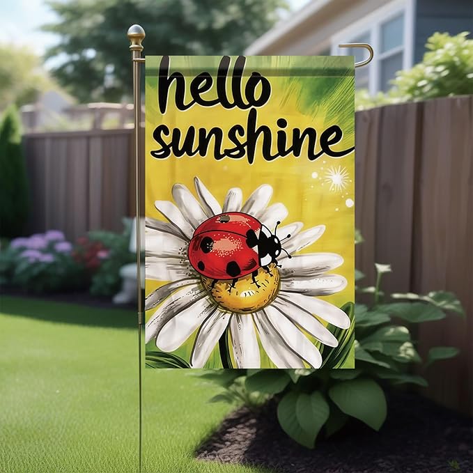 Spring Summer Garden Flag 12x18 Inch Hello Sunshine Ladybug Daisy Floral Art Design Outdoor Yard Porch Lawn Garden for Seasonal Farmhouse Country Home Decor