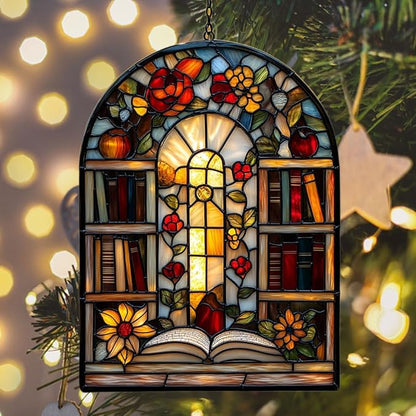 Antique Library Bookshelf Acrylic Suncatcher Stained Glass Effect Window Car Hanging Christmas Ornament Indoor Outdoor Decor Garden Sun Catcher Panel for Book Lover for Women Mom Grandma