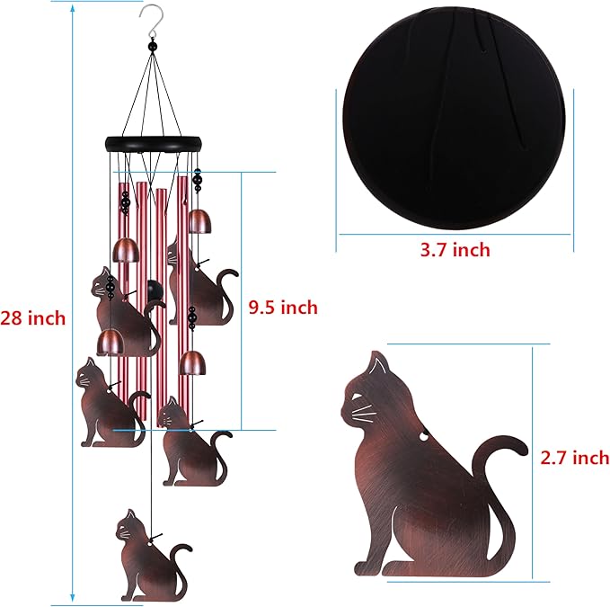 Outdoor Cats Wind Chimes Indoor Decor - Hand-Made Mobile Romantic Windcatcher, Cat Chimes, 28" Cats Wind Chimes for Home, Balcony, Tree, Patio, Garden Decoration, Gift for Mom(4 Tubes, 5 Cats)