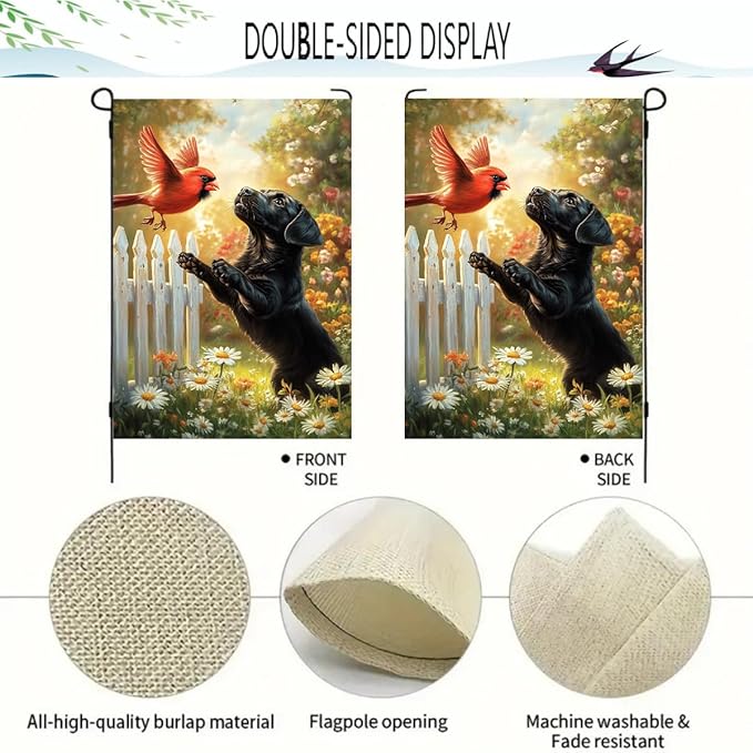Spring Summer Black Lab Garden Flags 12x18 Double Sided, Small Burlap Seasonal Cardinal Floral Dog Garden Flag Spring Summer Outdoor Yard Decorations for Outside Lawn Decor