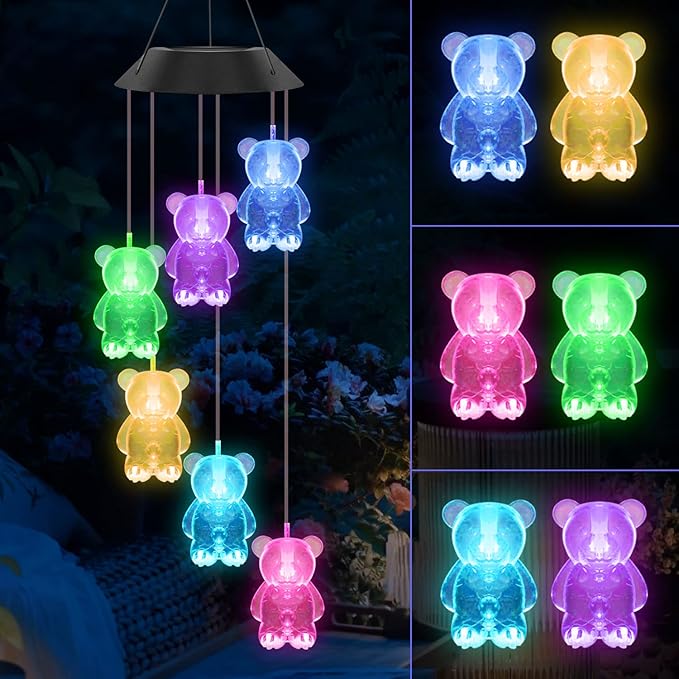 Solar Wind Chimes for Outside,32 Inch Waterproof Solar Powered Wind Chimes Bear Color Changing Outdoor Lights for Window Yard Garden Xmas Decor Mom Grandma Gift