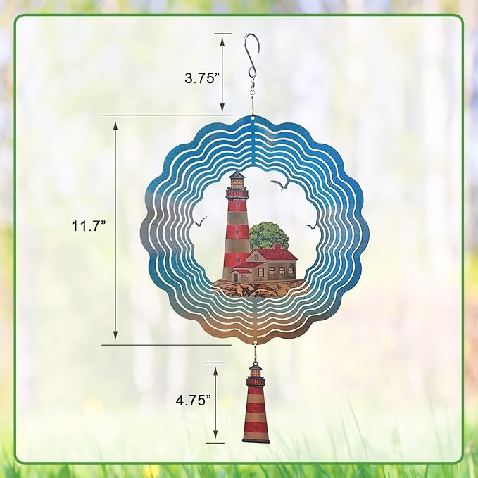 Lighthouse Wind Spinner,Metal Wind Spinners for Outdoor,3D Double Sided Hanging Beach Decor for Indoor,Outdoor,Unique Gifts for Women