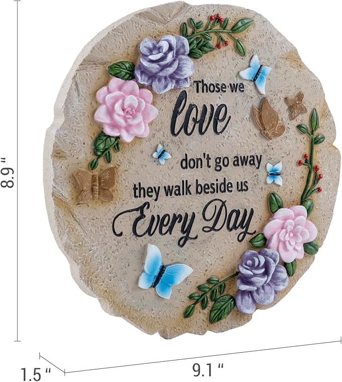 MyGift 9 Inch Resin Memorial Stepping Stone, Butterfly & Floral Sympathy Plaque, Bereavement Remembrance Gifts for Loss of Loved One, Outdoor Remembrance Stone