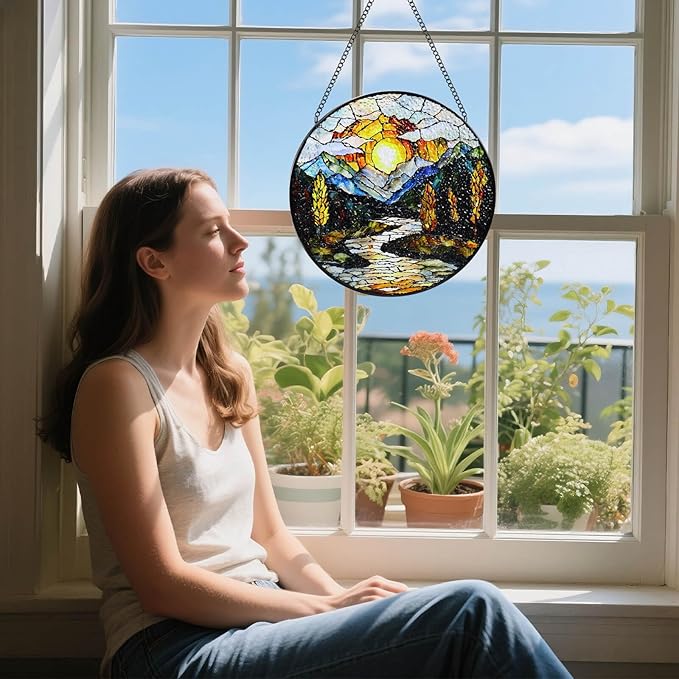 Stained Glass Window Hanging, 8 in Sunset Mountains Lake Tree Sun Catchers, Diamond Glass Panel Landscape Suncatcher for Home Decor - Gift for Bird Lovers Women Mother's Day Christmas