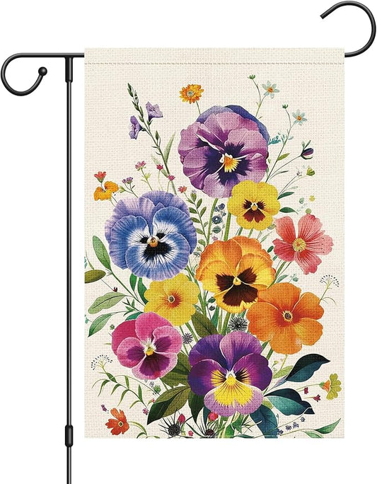 Spring Summer Pansy Flower Garden Flag 12x18 Inch Double Sided Burlap, Floral Seasonal Yard Sign Home Outdoor Decoration