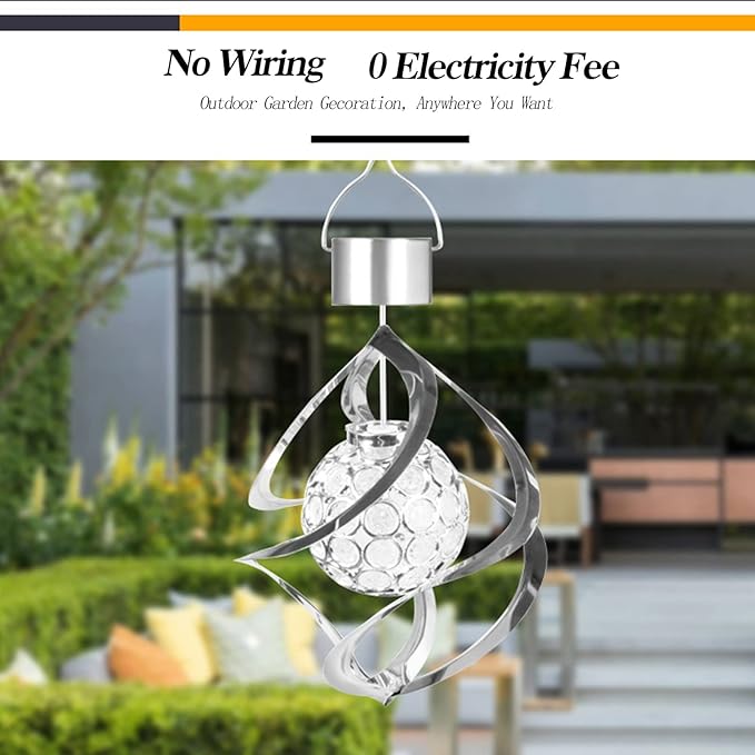 Powstro Solar Hanging Lamp, Wind Sparkling Crystal Ball Color Changing LED Ornament for Lawns and Gardens
