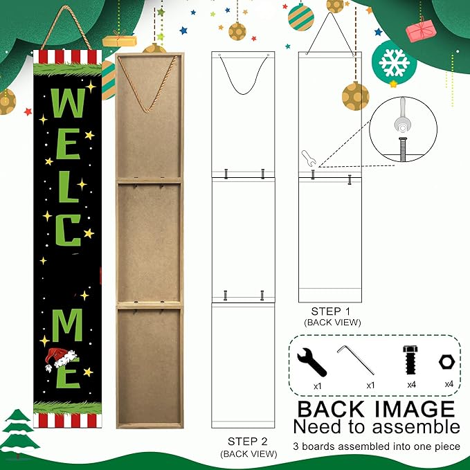 Christmas Wooden Welcome Sign Vertical Porch Sign -Holiday Porch Board Welcome Sign for Front Door, Porch, Yard, Deck, Patio, or Wall - Indoor Outdoor Decorative Farmhouse Rustic Christmas Hanging Signs and Yard Decor – 47.2" H