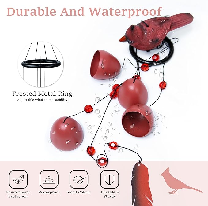 Cardinal Wind Chimes for Outside，Red Bird Wind Chimes Outdoor Decorations, for Mom/Grandma，Garden Patio Backyard Hanging Decor.